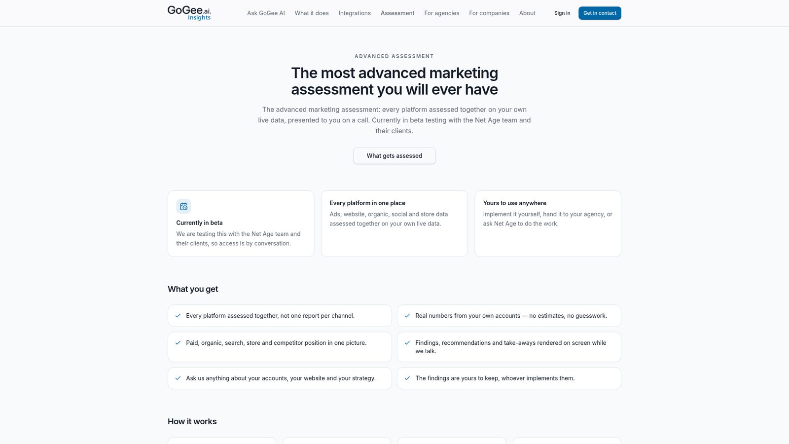 The GoGee.ai Insights advanced assessment page, showing what you get and how the assessment works